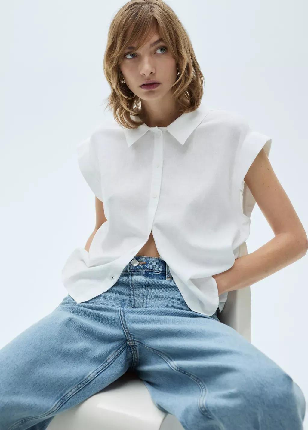 White Flowing Linen Blouse, , large image number 0