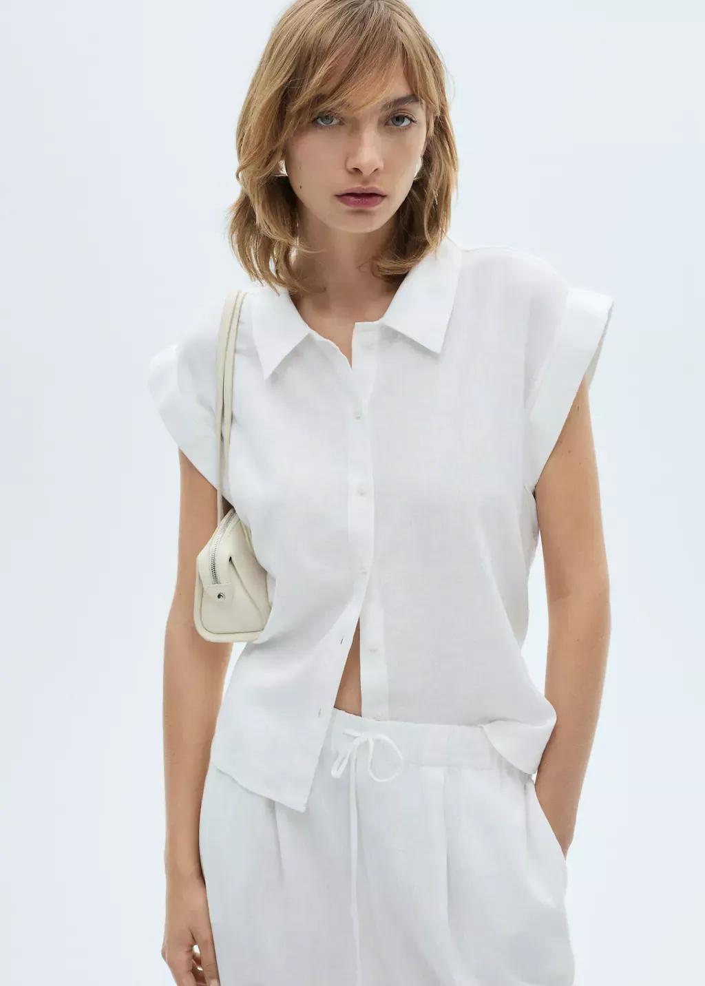 White Flowing Linen Blouse, , large image number 2