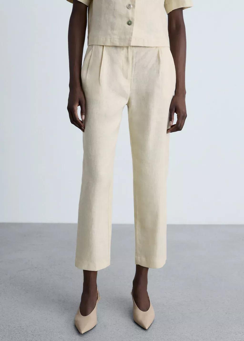 Beige 100% Linen Straight Trousers, , large image number 0