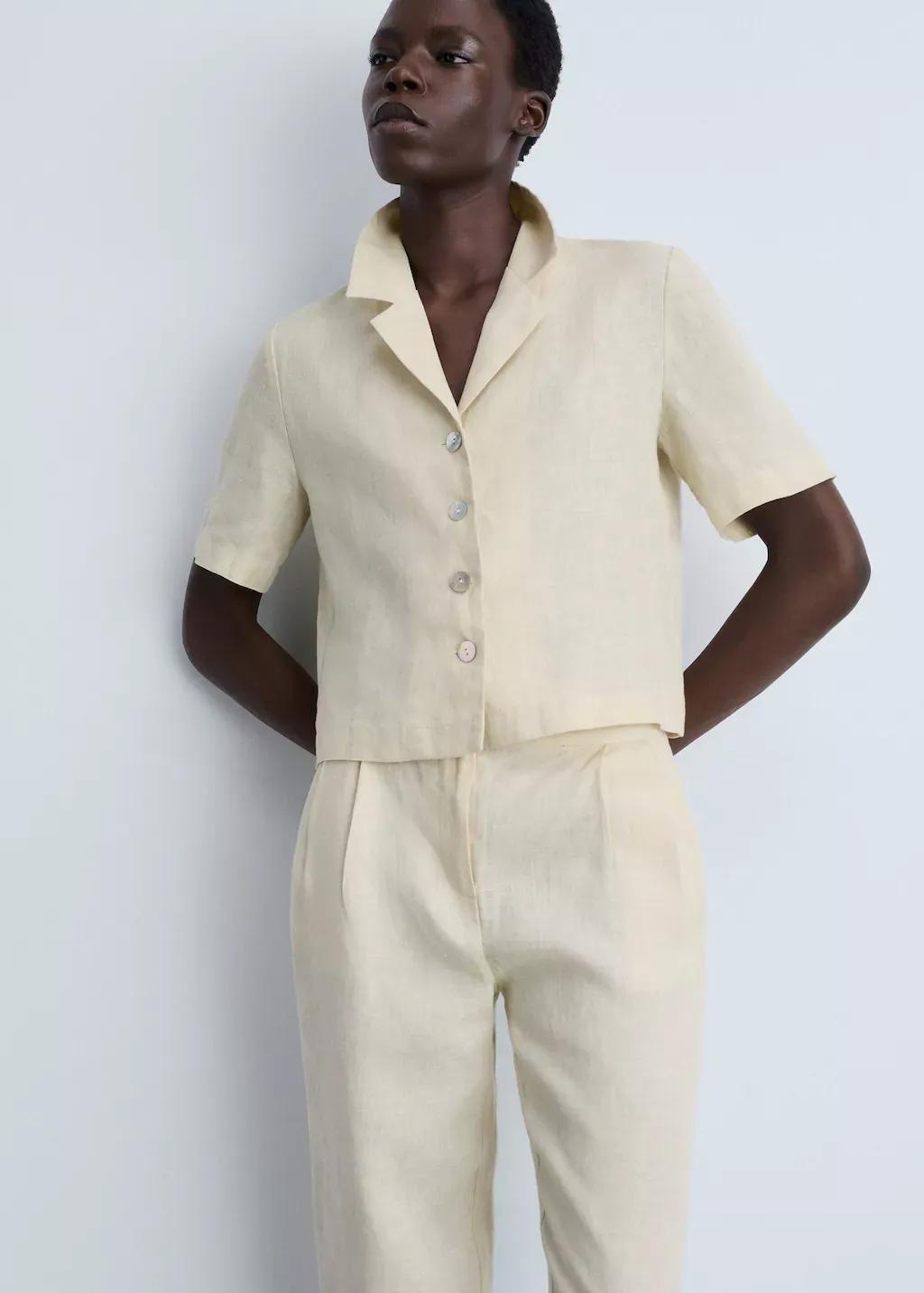 Beige 100% Linen Straight Trousers, , large image number 1