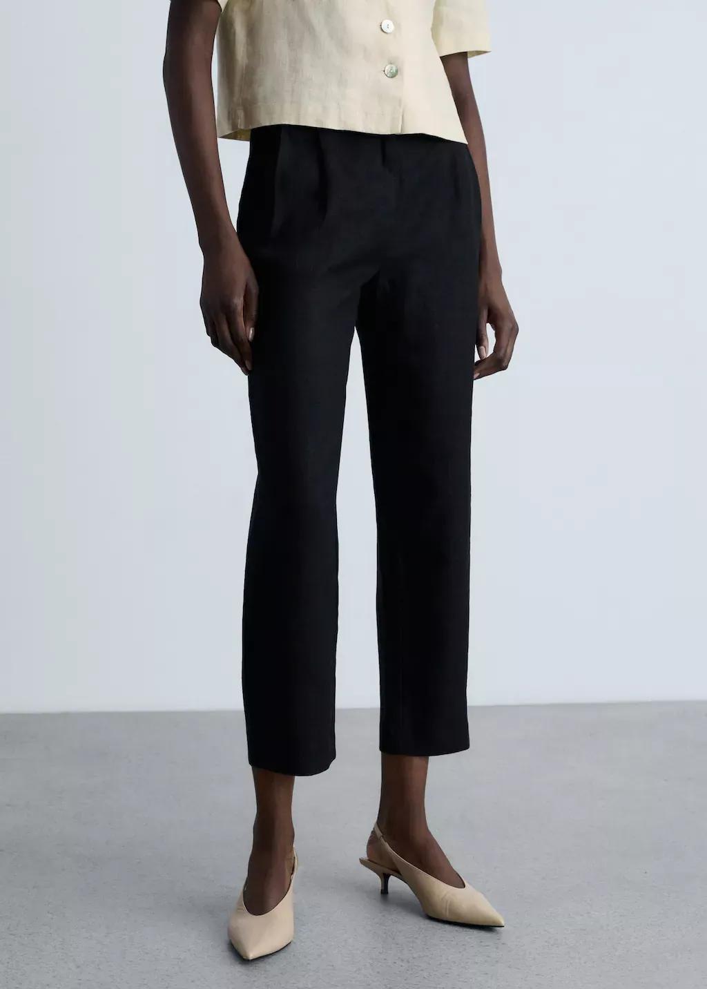 Black 100% Linen Straight Trousers, , large image number 0
