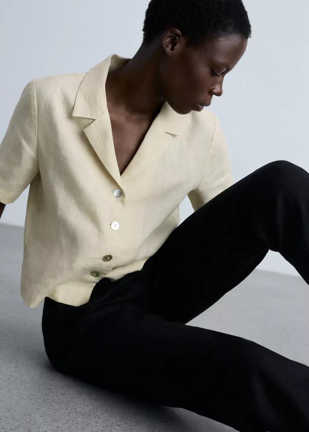 Black 100% Linen Straight Trousers, , large image number 1