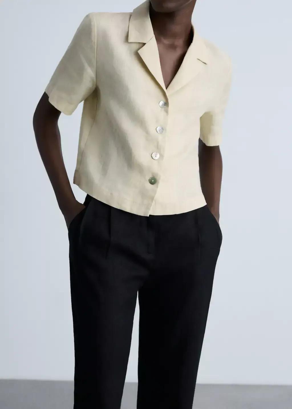 Black 100% Linen Straight Trousers, , large image number 2