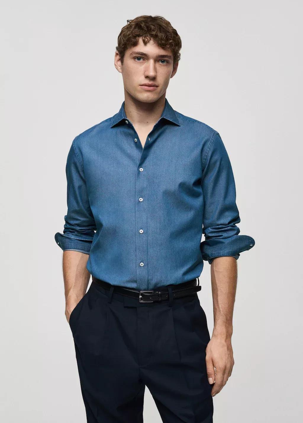 Blue 100% Cotton Chambray Shirt, , large image number 0