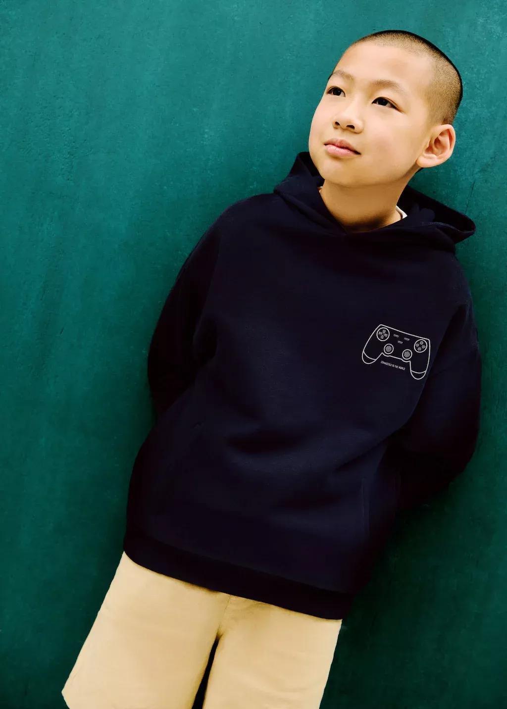 Navy Printed Hoodie, Kids Boy, , large image number 1