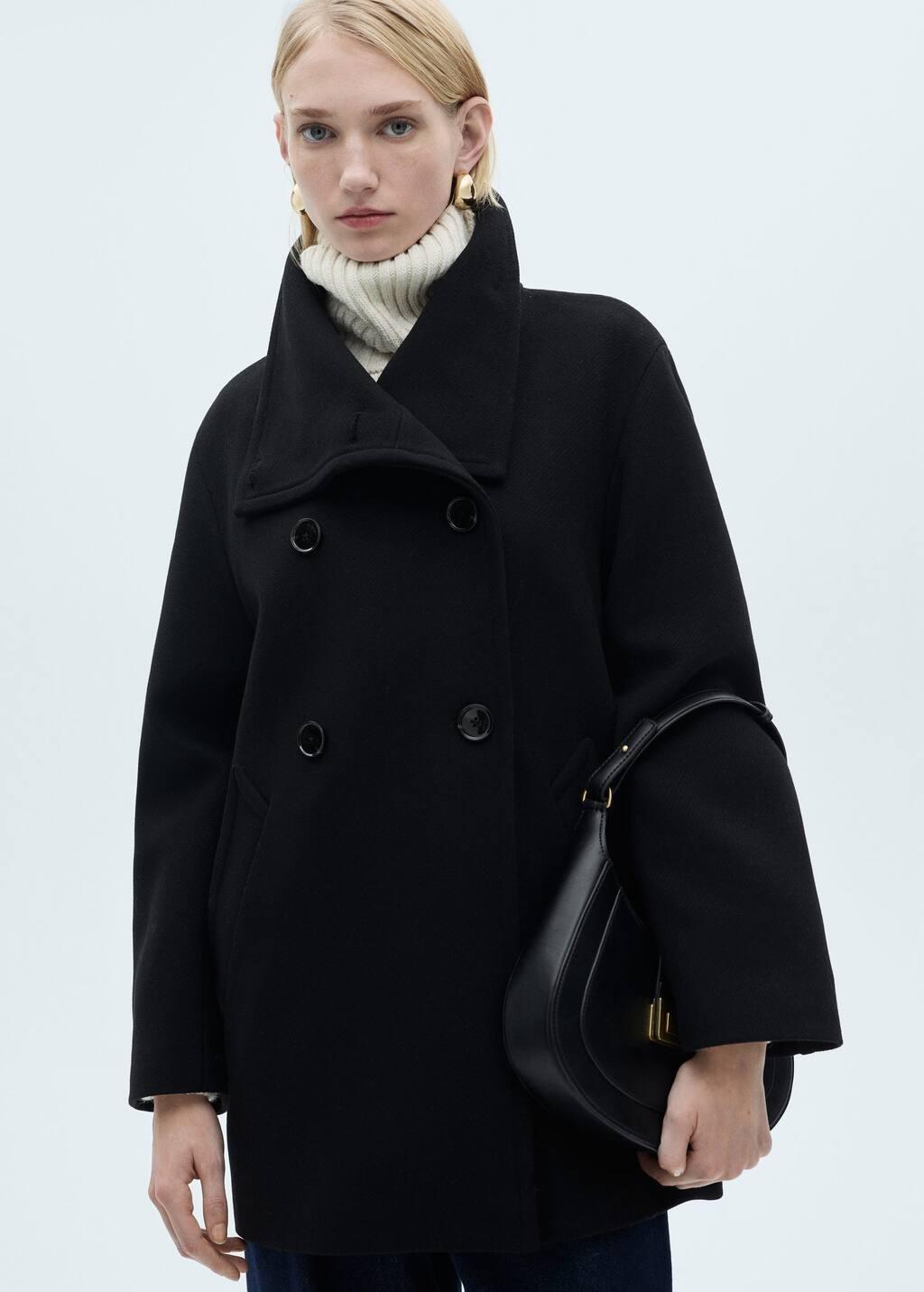 Black Double-Breasted Wool Coat, , large image number 0