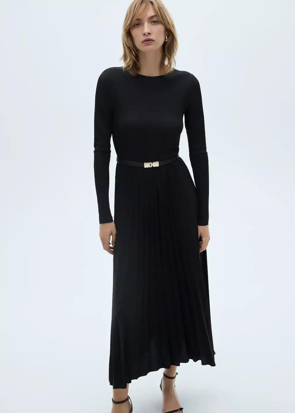 Black Pleated A-Line Dress, , large image number 0