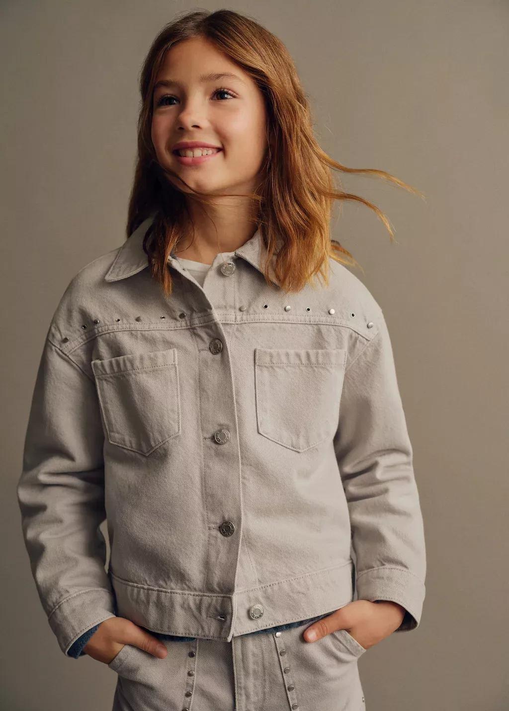 Grey Studded Denim Jacket, Kids Girl, , large image number 0