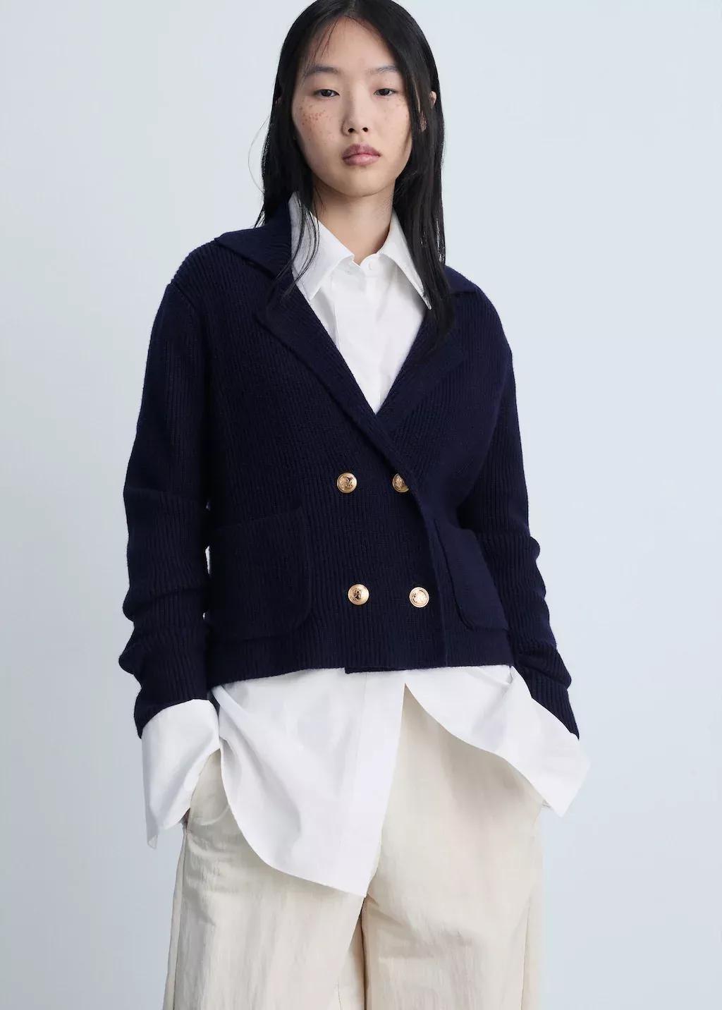 Navy Double-Breasted Knitted Jacket, , large image number 1