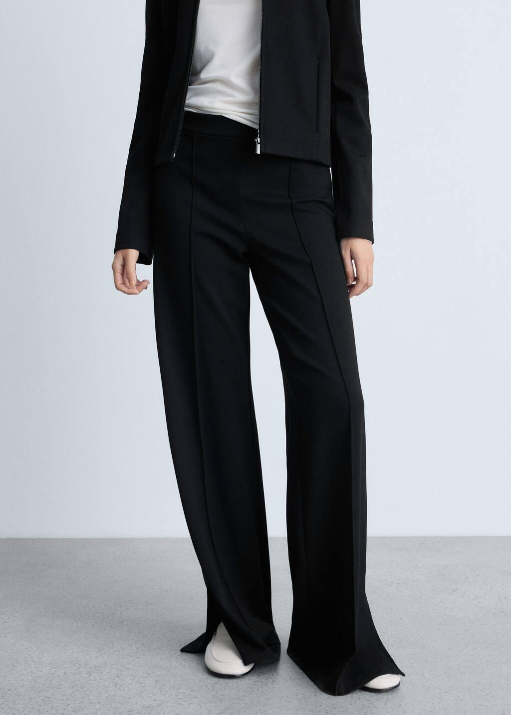 Black Wideleg Trousers With Slits, , large image number 0