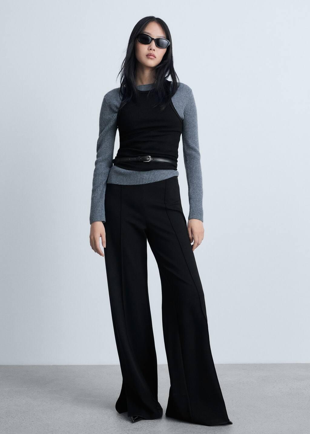 Black Wideleg Trousers With Slits, , large image number 2