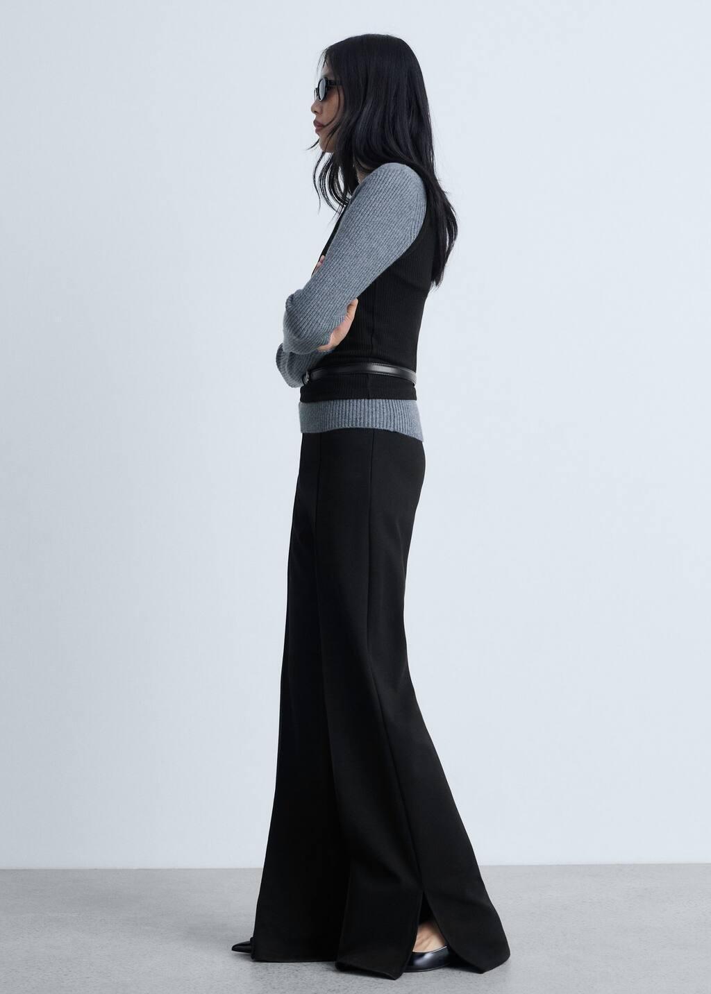 Black Wideleg Trousers With Slits, , large image number 6