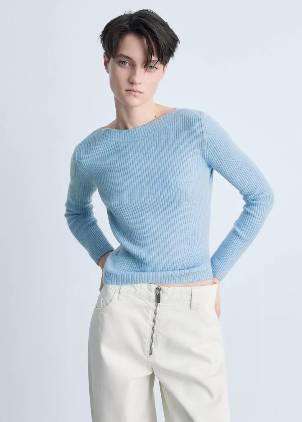 Blue Lt-Pastel Boat Neck Ribbed Sweater, , large image number 0