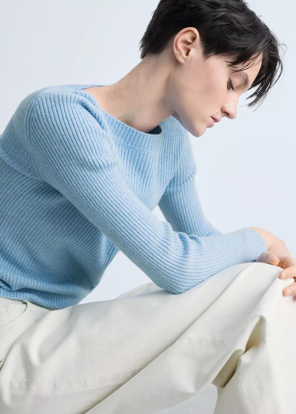 Blue Lt-Pastel Boat Neck Ribbed Sweater, , large image number 2
