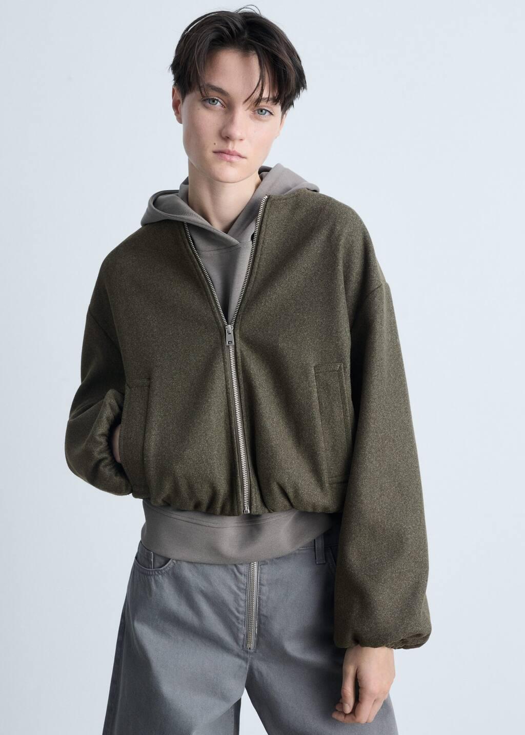 Khaki Gathered Bomber Jacket, , medium