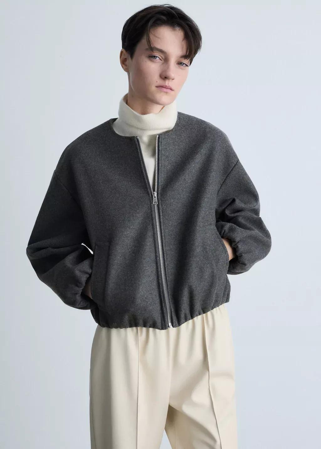 Grey Gathered Bomber Jacket, , medium
