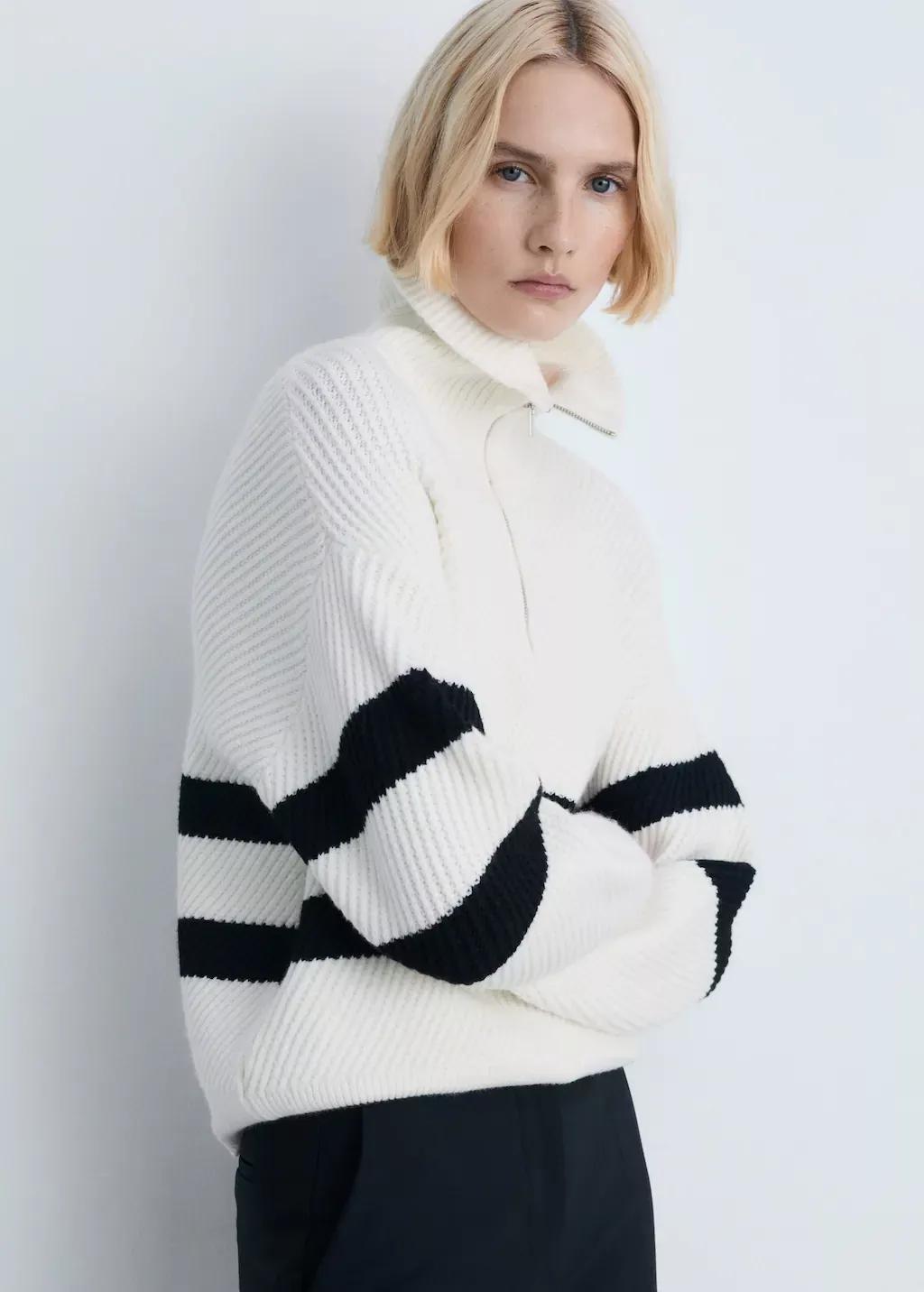 Beige Striped Ribbed-Knit Sweater, , medium