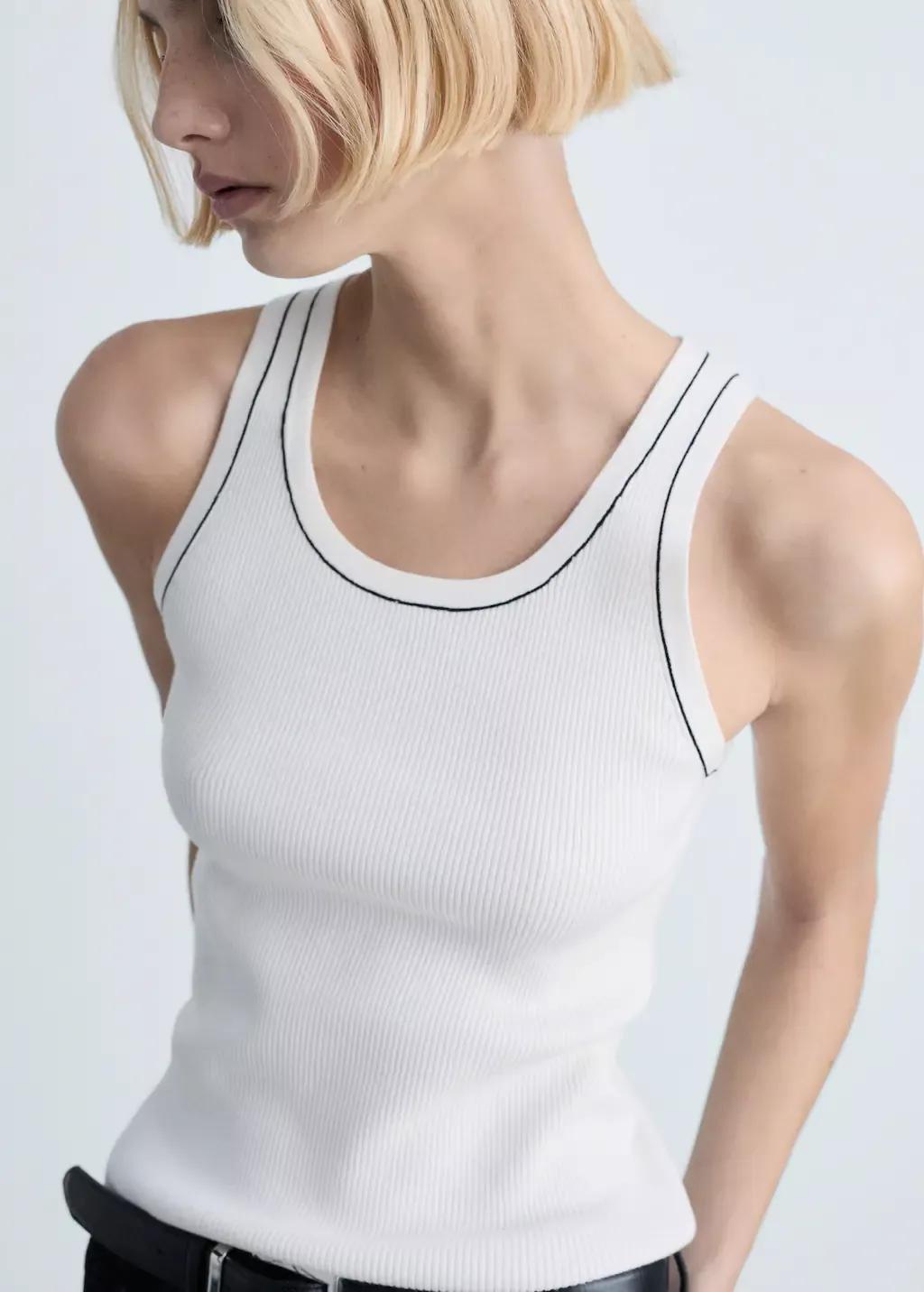Beige Ribbed Top With Contrasting Trim, , large image number 1