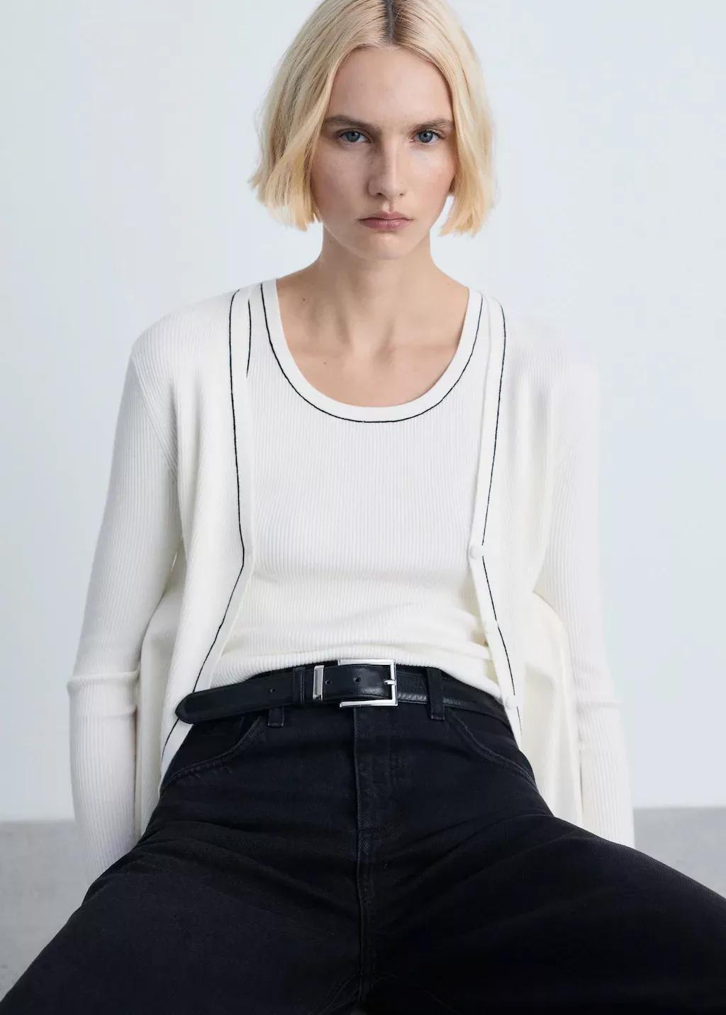 Beige Ribbed Top With Contrasting Trim, , large image number 2