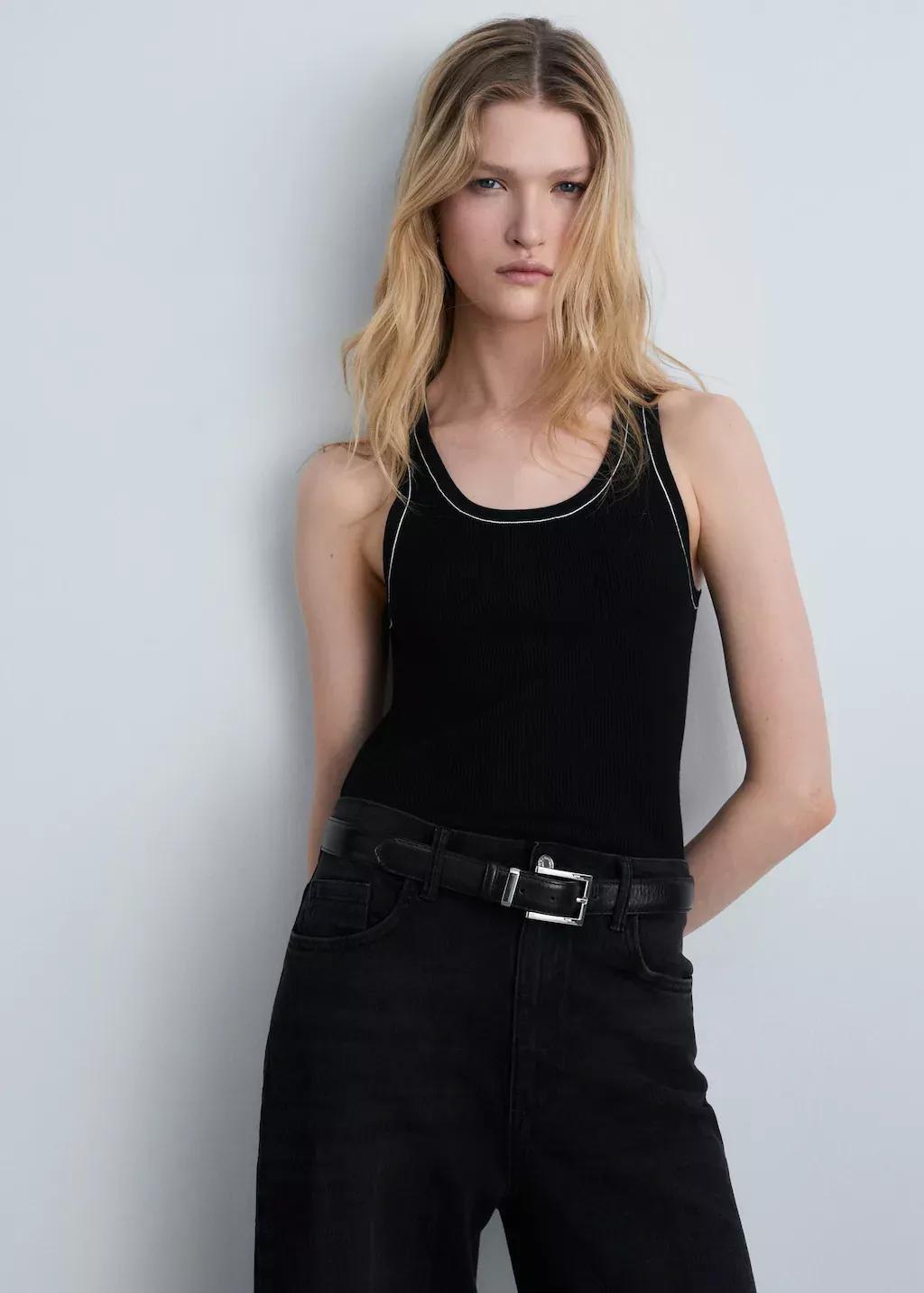 Black Ribbed Top With Contrasting Trim, , large image number 0