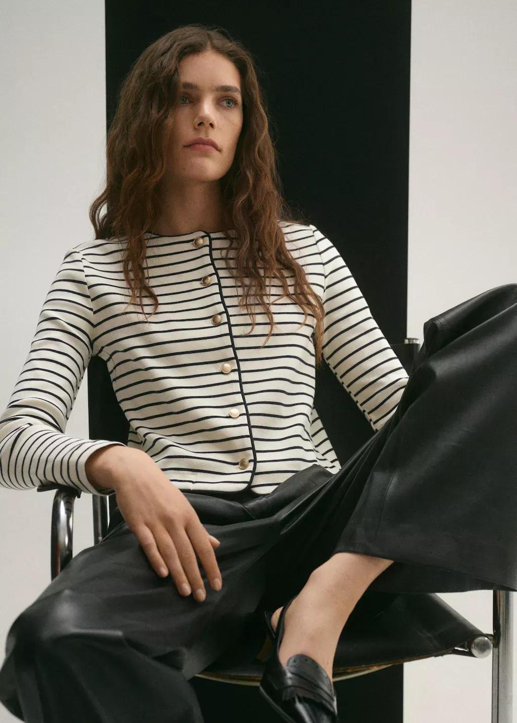 Beige Stripped Knit Cardigan, , large image number 0