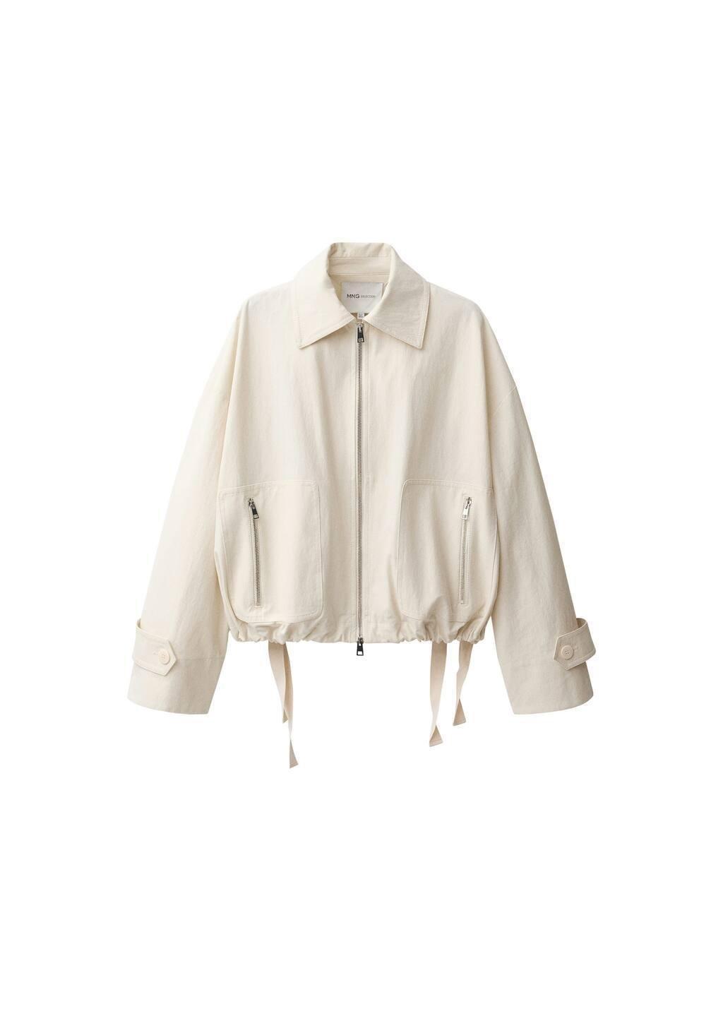 Beige Bomber Jacket With Adjustable Hem, , large image number 3