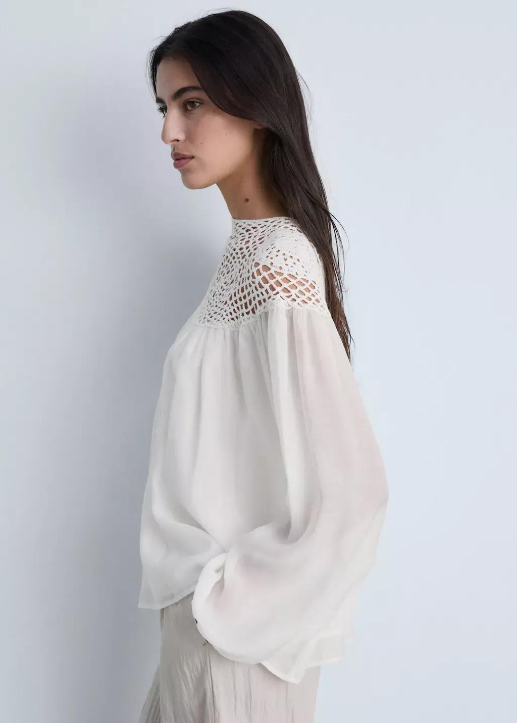 White Crochet Panel Blouse, , large image number 0