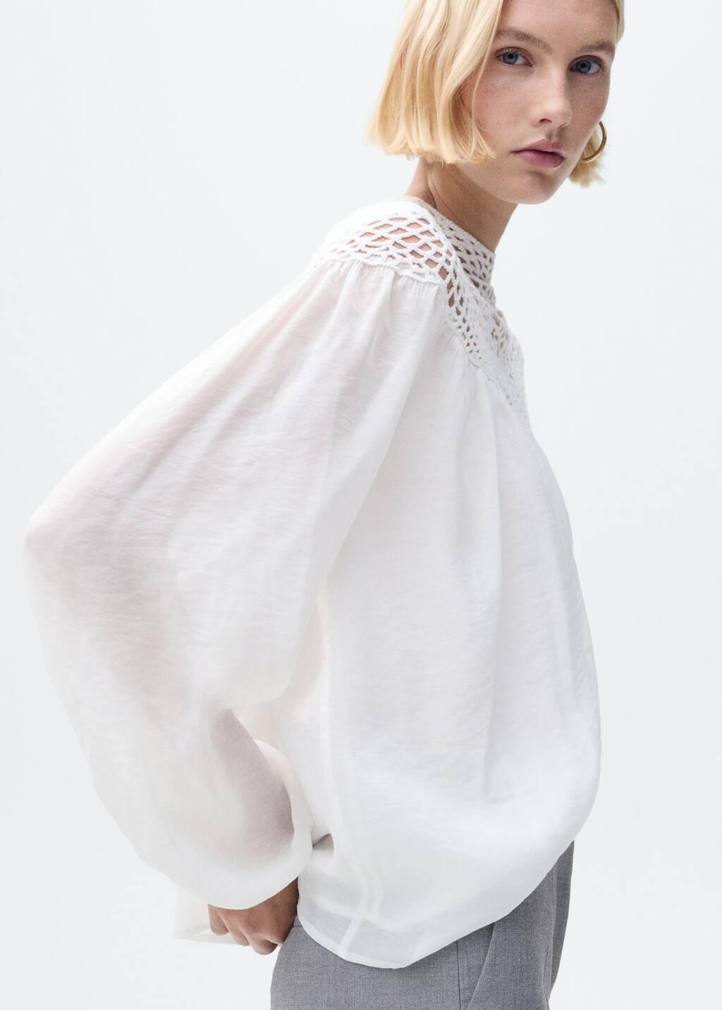 White Crochet Panel Blouse, , large image number 3