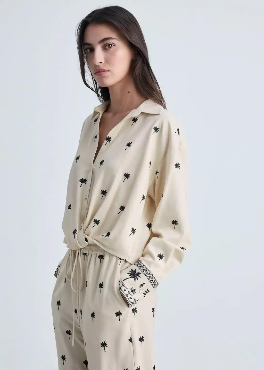 Beige Embroidered Shirt With Knot, , medium