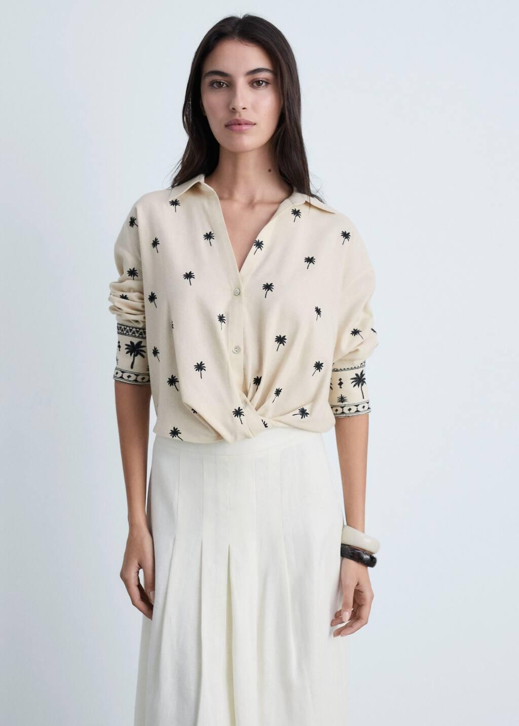 Beige Embroidered Shirt With Knot, Light Beige, large image number 2