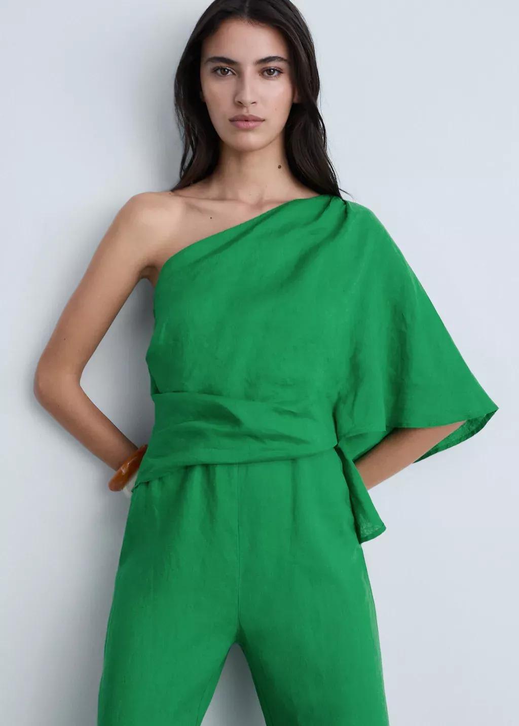 Green Asymmetric Linen Jumpsuit, , medium