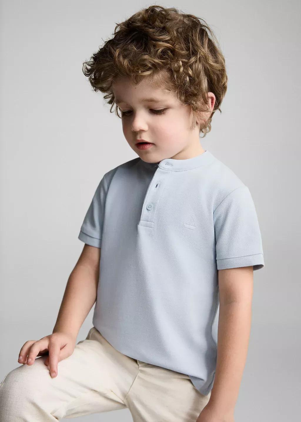 Blue Lt Pastel Mao Collar Cotton Polo, Baby Boy, , medium