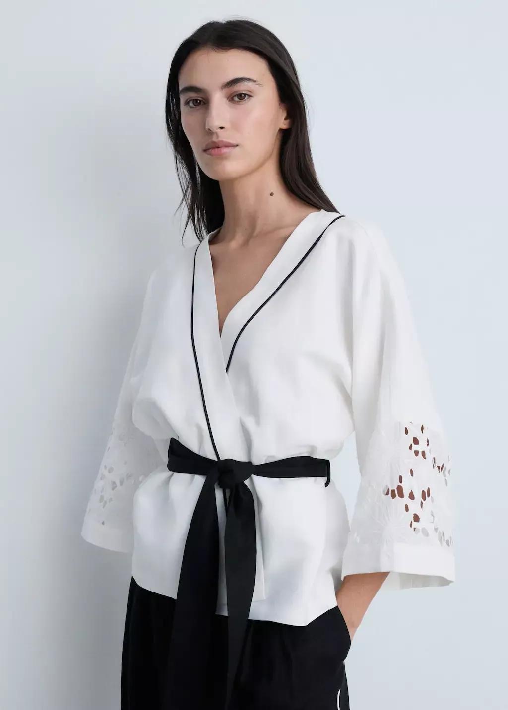 White Linen Blend Caftan With Openwork Details, , large image number 0