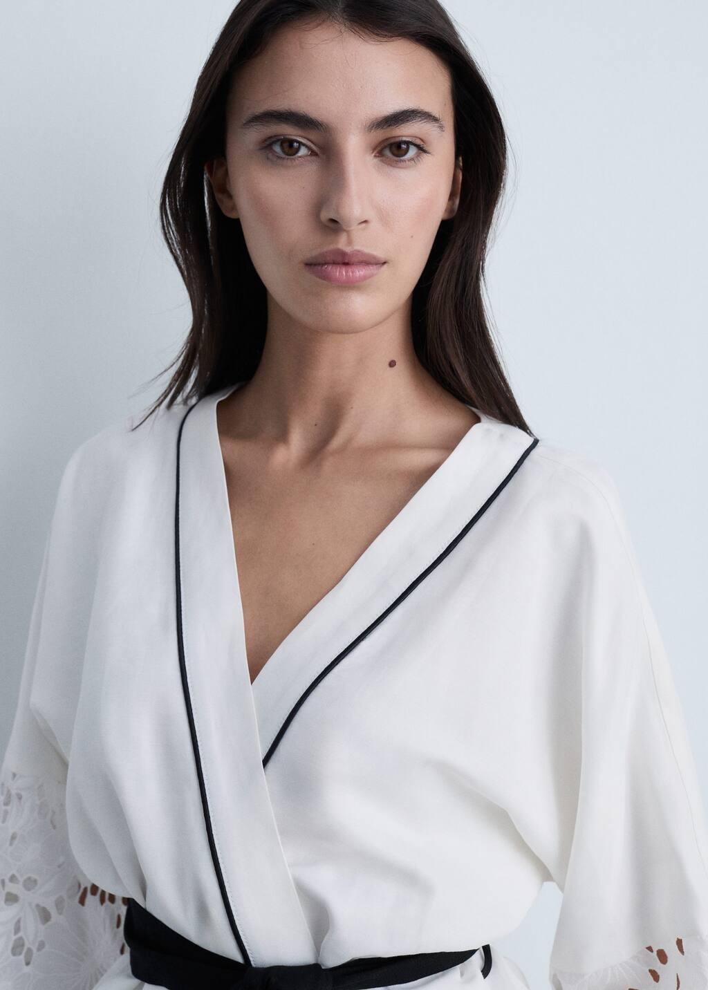 White Linen Blend Caftan With Openwork Details, , large image number 1