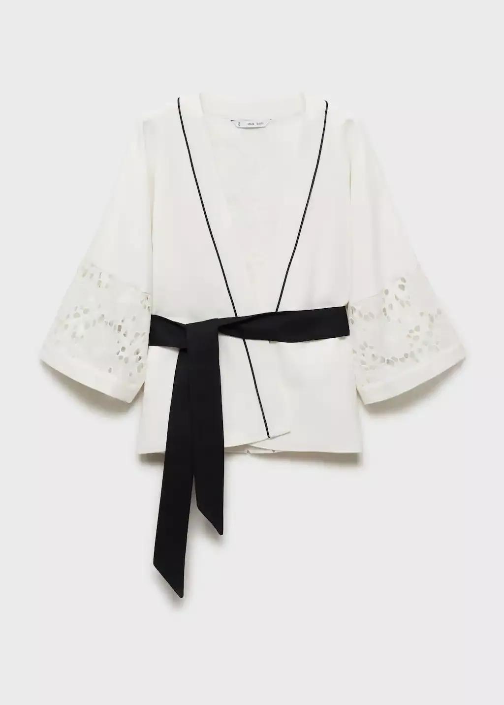 White Linen Blend Caftan With Openwork Details, , large image number 3