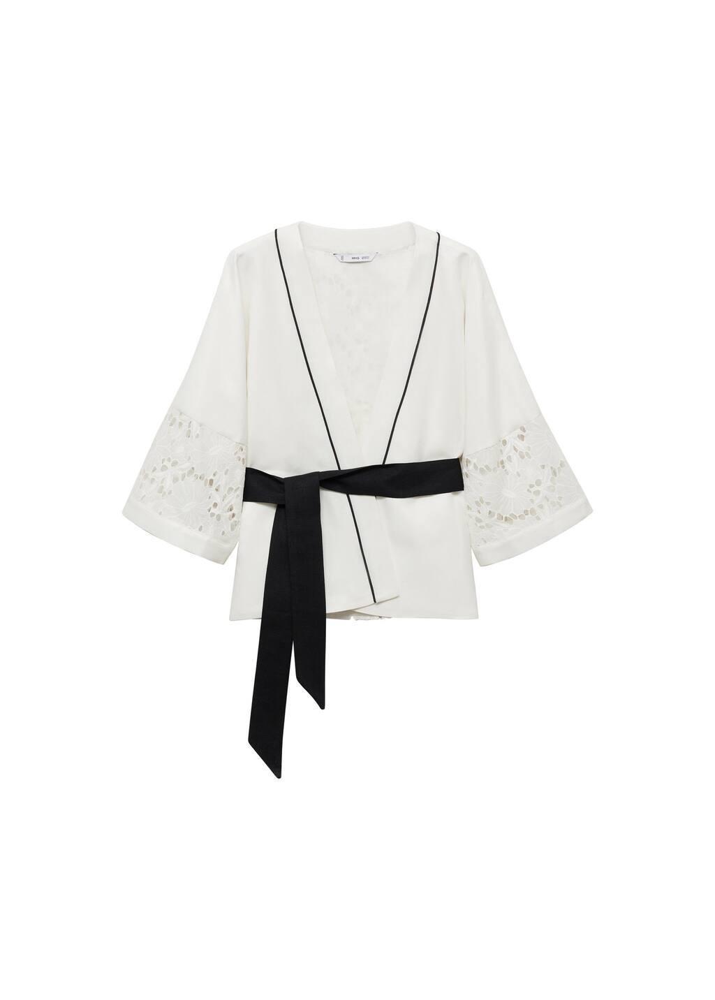 White Linen Blend Caftan With Openwork Details, , large image number 3