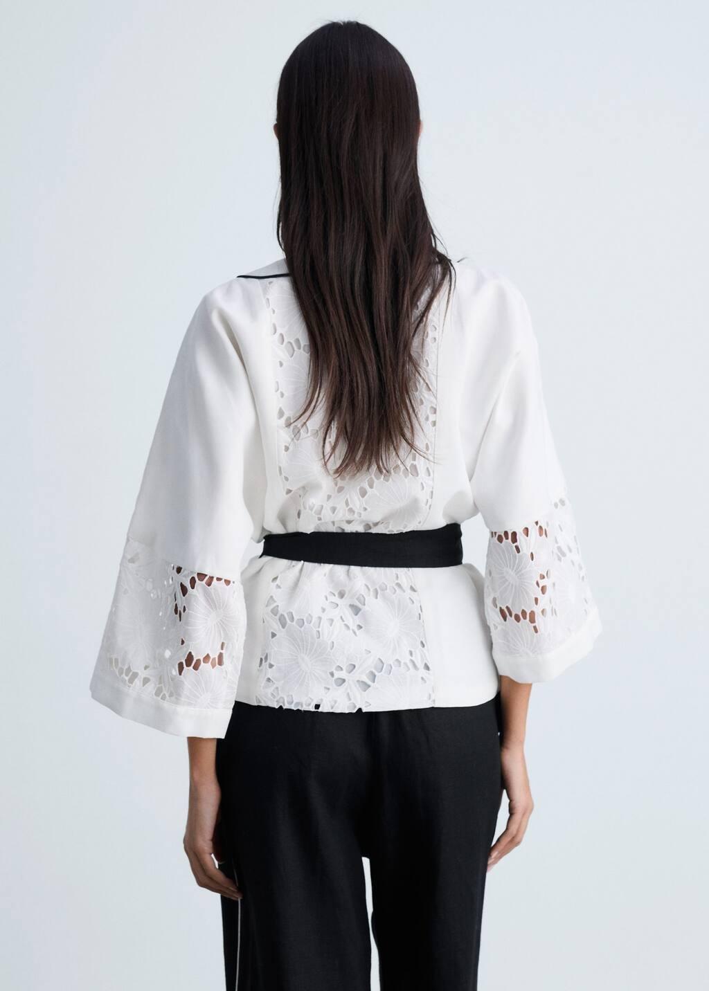 White Linen Blend Caftan With Openwork Details, , large image number 4