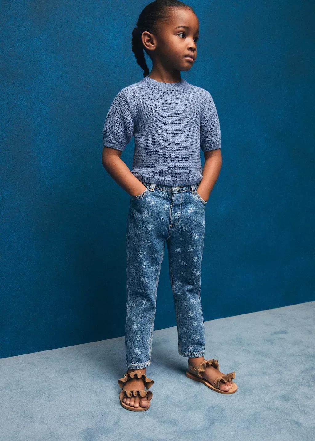 Blue Printed Straight Jeans Floral, Kids Girls, , large image number 3
