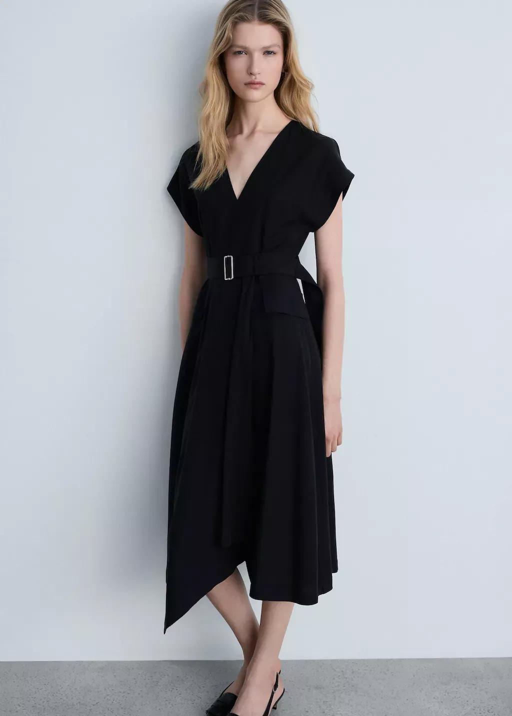 Black Asymmetrical Dress With Belt, , large image number 0