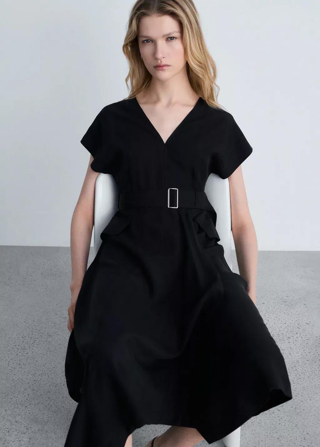 Black Asymmetrical Dress With Belt, , large image number 2