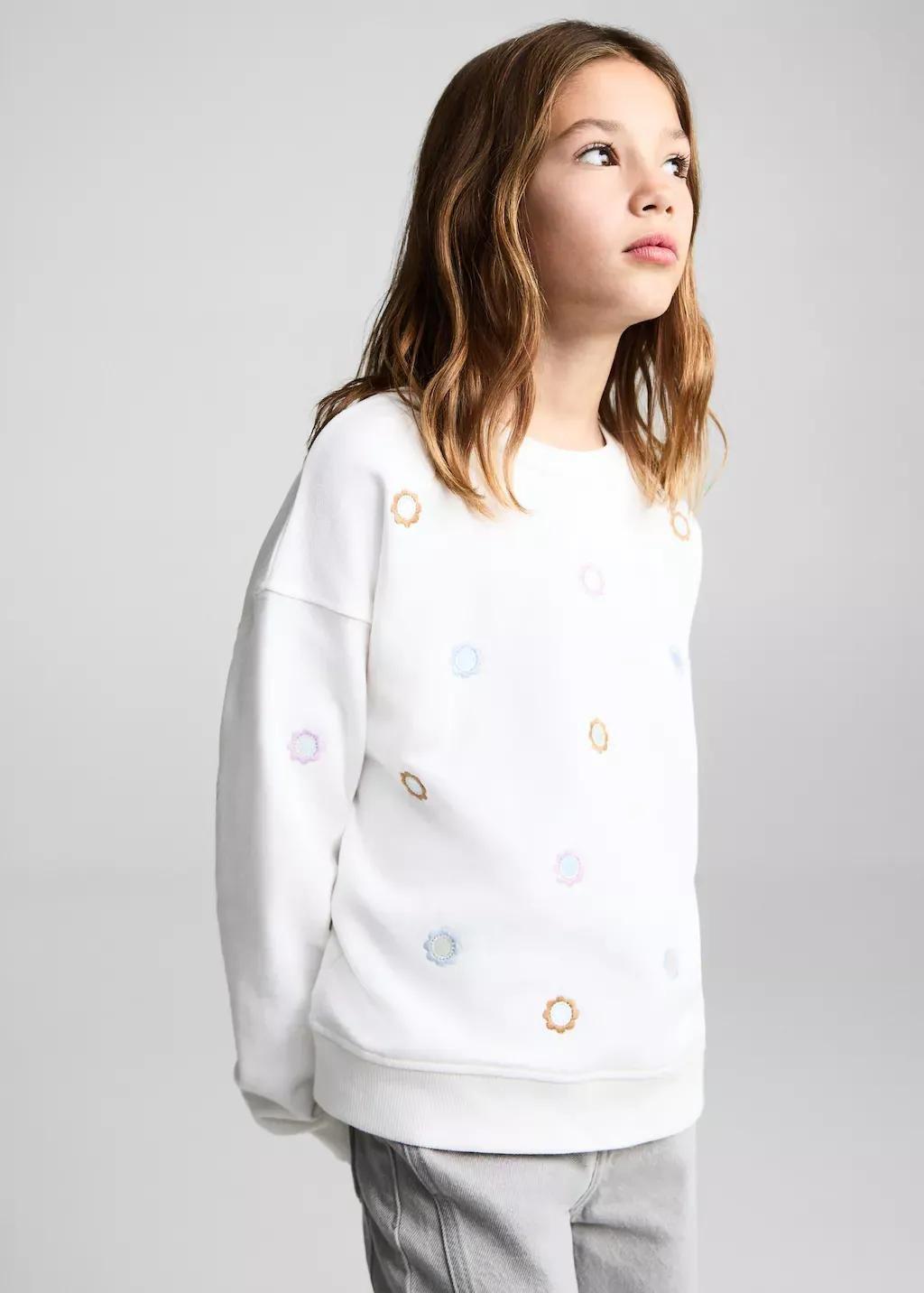 White Sweatshirt With Floral Applique , Kids Girl, , large image number 0