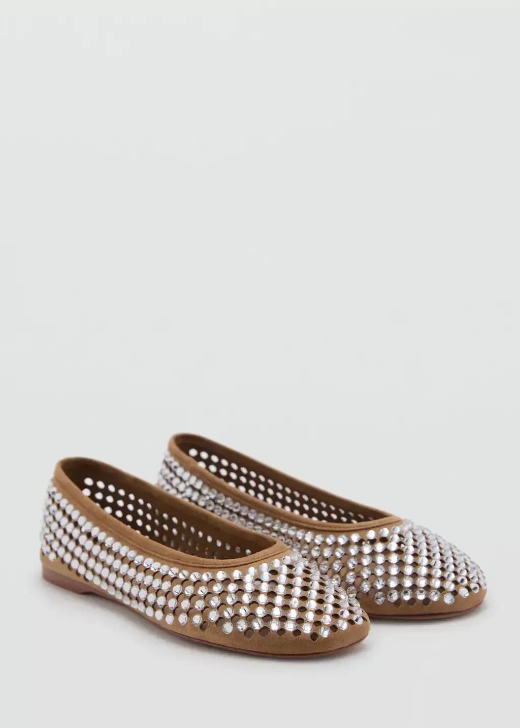 Beige Rhinestone Die-Cut Ballet Flats, , large image number 3