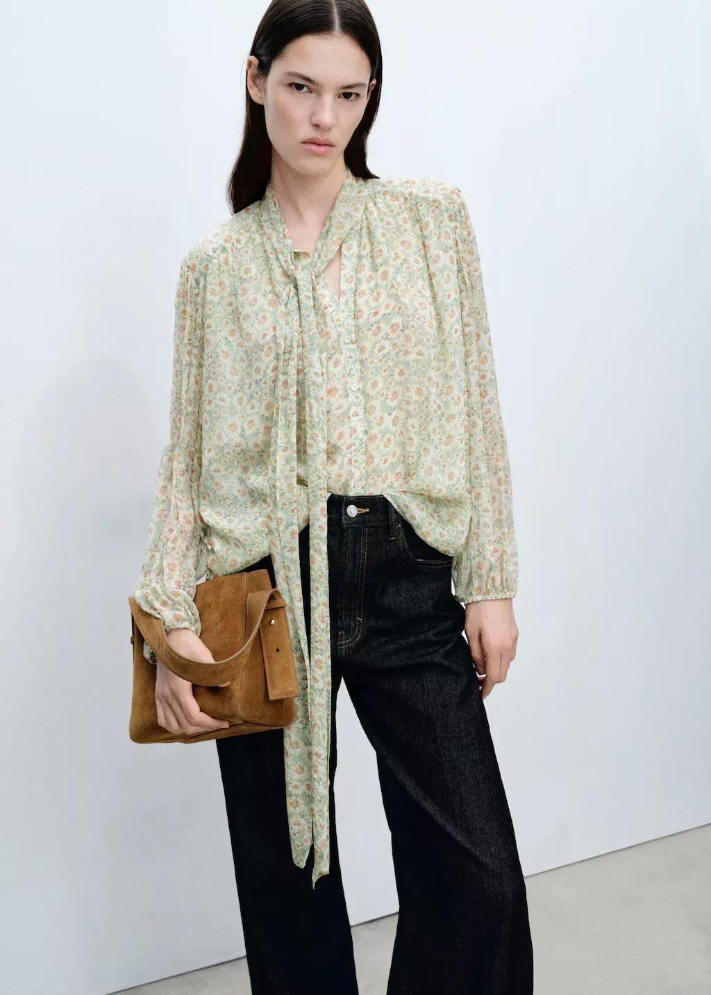 Green Floral Tie Blouse, , medium