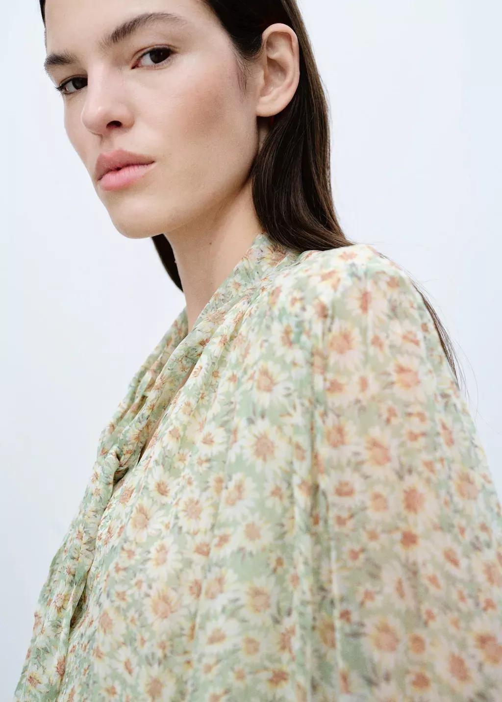 Green Floral Tie Blouse, , large image number 1