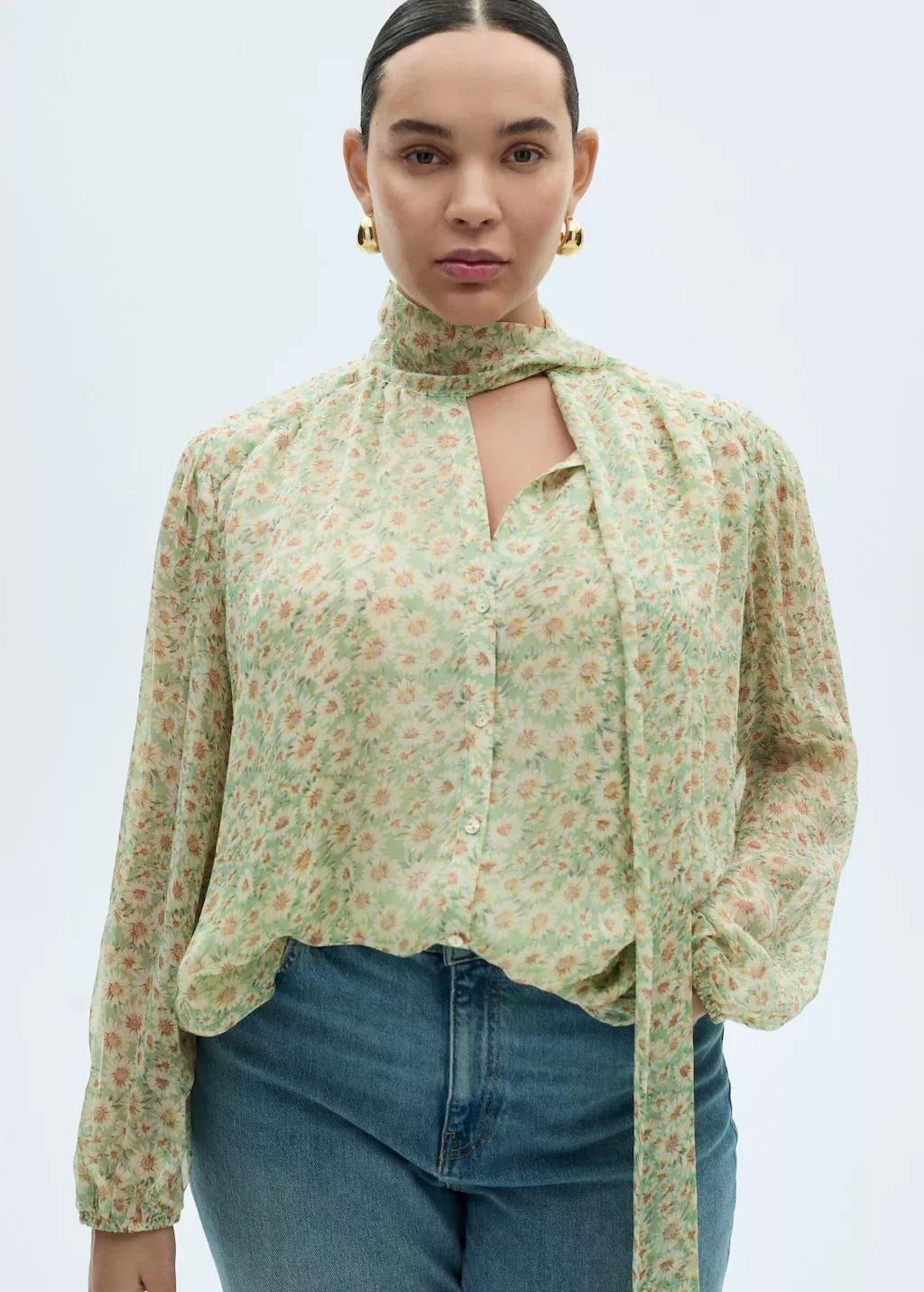 Green Floral Tie Blouse, , large image number 5