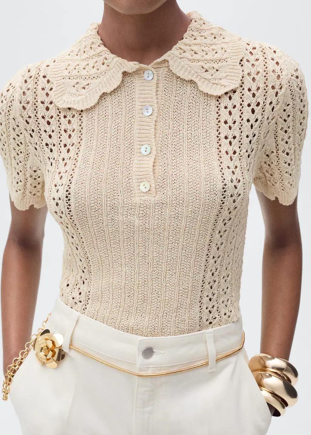 Beige Openwork Knitted Polo-Neck Sweater, , medium