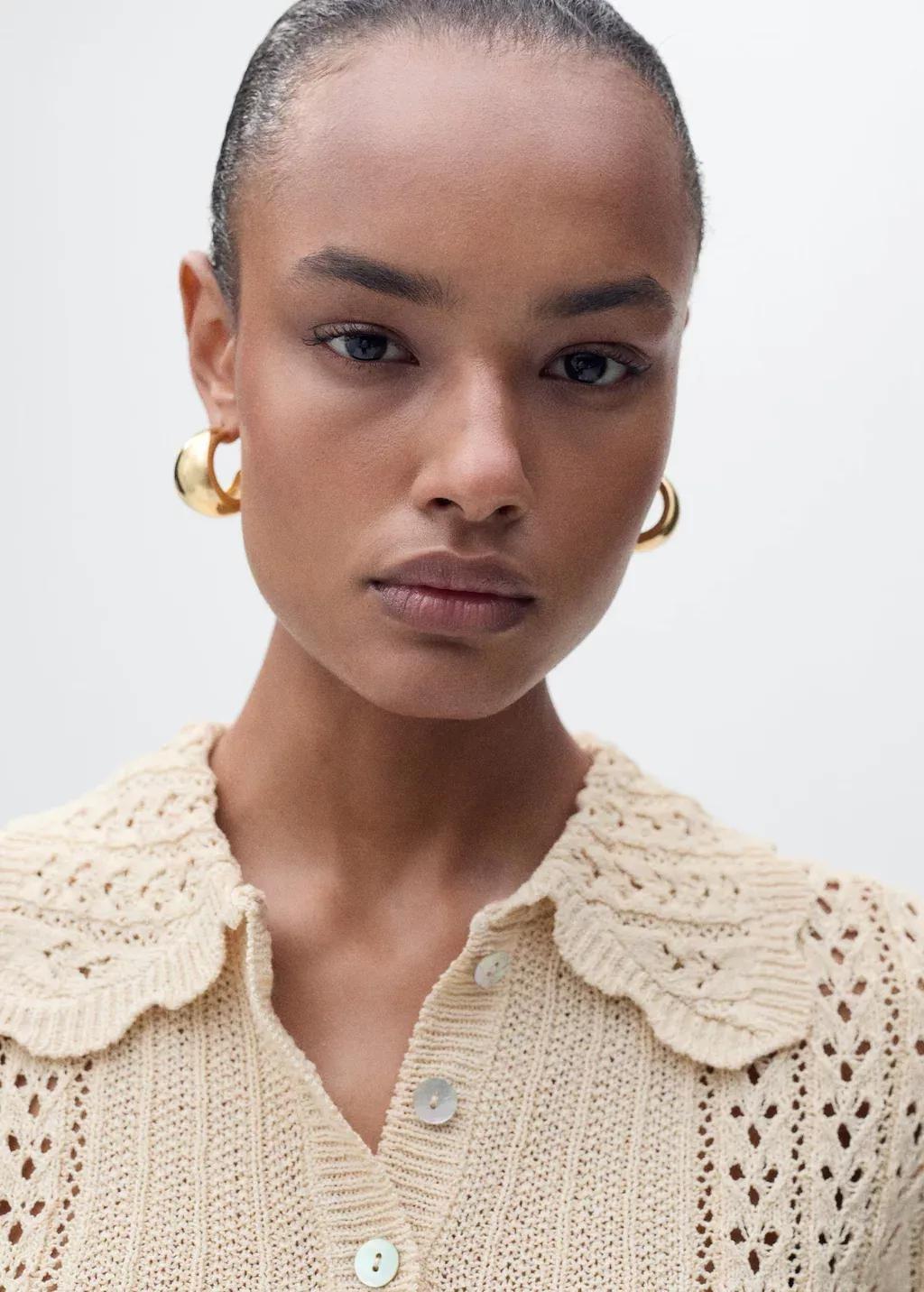 Beige Openwork Knitted Polo-Neck Sweater, , large image number 2