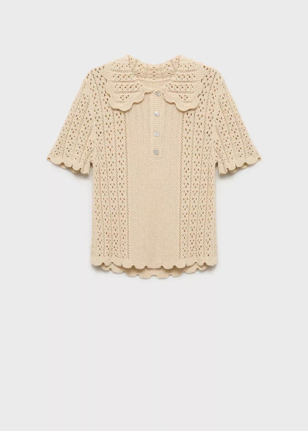 Beige Openwork Knitted Polo-Neck Sweater, , large image number 3
