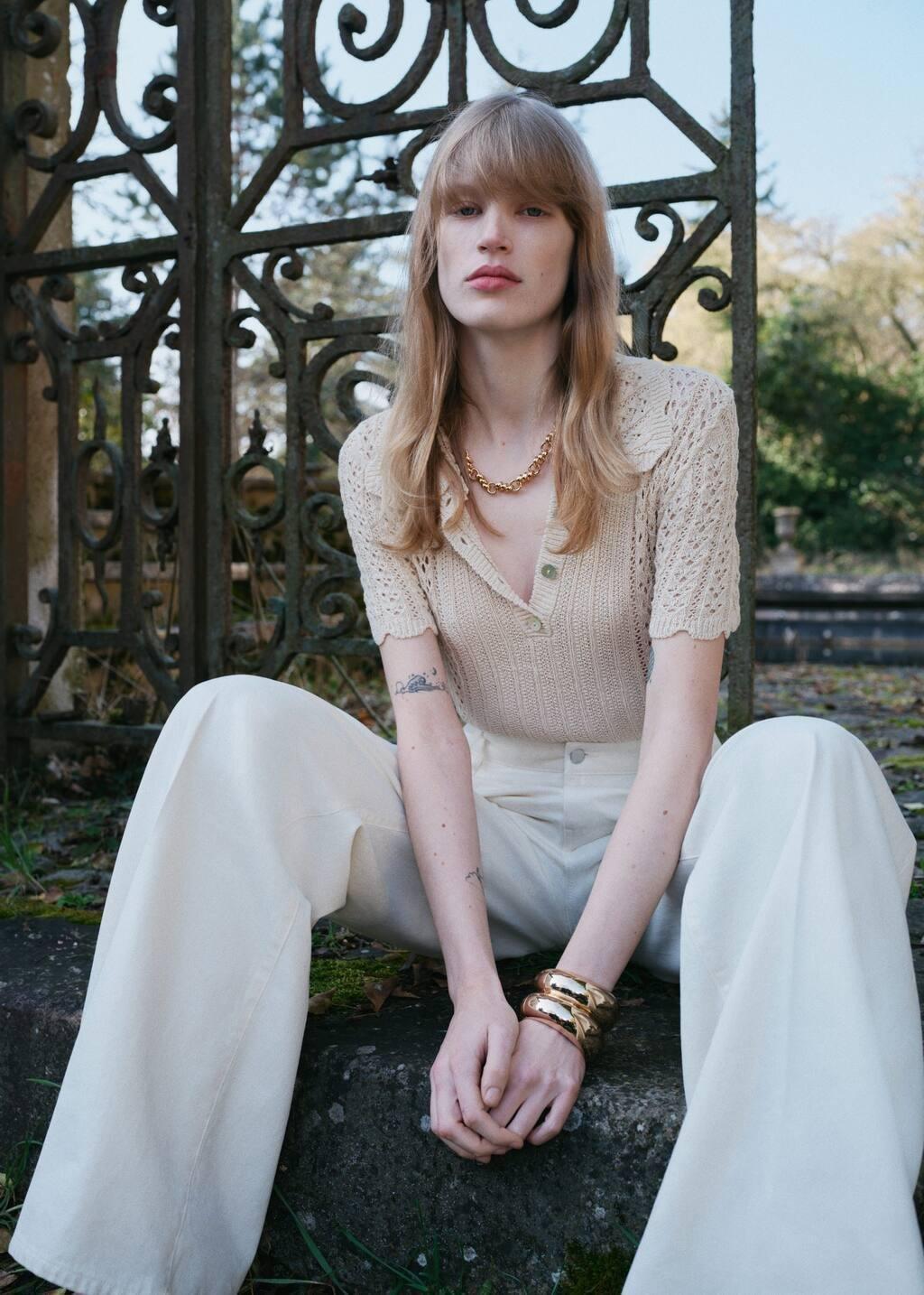 Beige Openwork Knitted Polo-Neck Sweater, , large image number 5