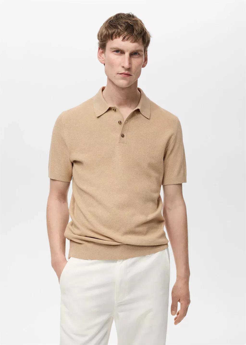 Beige Plain Knit Polo Shirt, , medium